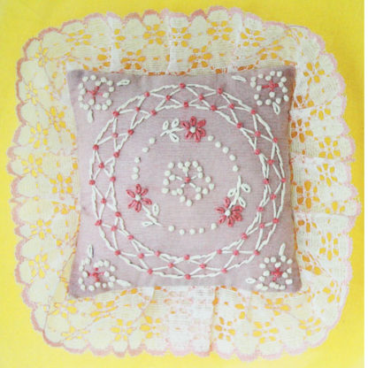 Vintage Pin Cushion Pattern M.H. Yarns Pink Posies Candlewicking Pillow Sachet Kit #SA08, ca. 1983
