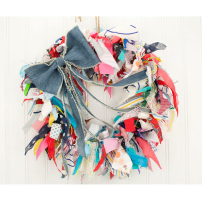 15" Crazy Quilt Fabric Rag Wreath w/ Whimsical Blue Jean Bow