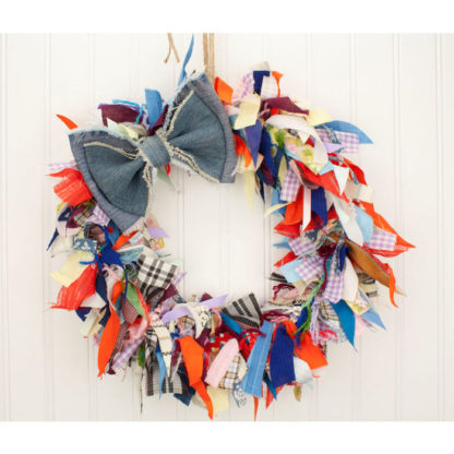 15” Crazy Quilt Fabric Rag Wreath w/ Blue Jean Bow