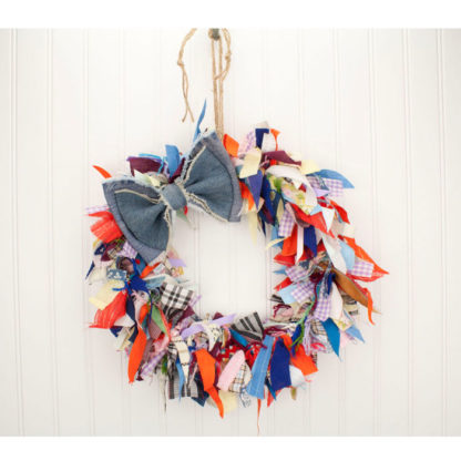 15” Crazy Quilt Fabric Rag Wreath w/ Blue Jean Bow