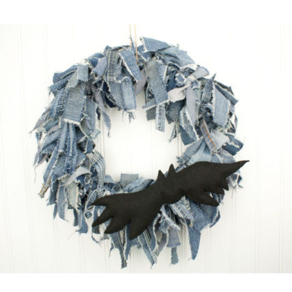 Halloween Rag Wreath - 15" Blue Jean Wreath With Bat