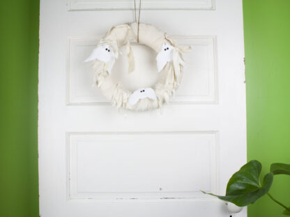 Ghost Bat Halloween Wreath hanging on door