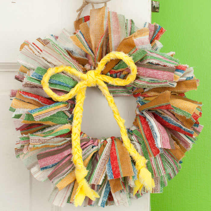 Multicolored Stripe Mini Rag Wreath with Yellow Bow