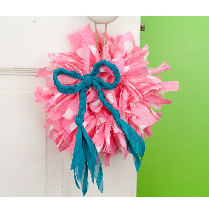 Pink Polka Dot Mini Rag Wreath with Turquoise Bow