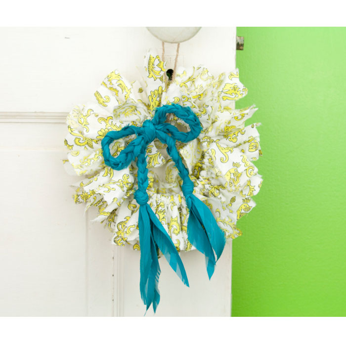 Yellow Scroll Mini Rag Wreath with Turquoise Bow