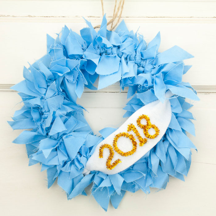 Cornflower Blue Rag Wreath with 2018 Banner