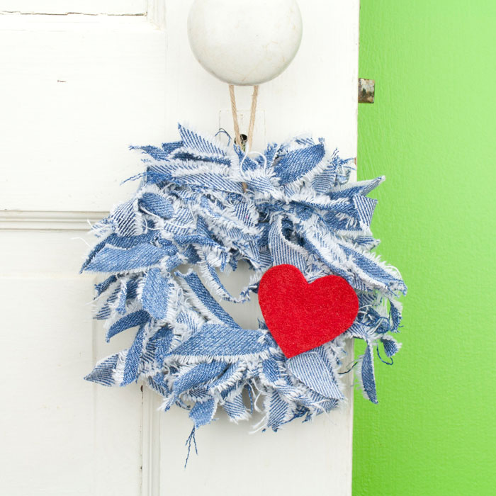 Blue Jean Mini Rag Wreath with Red Heart