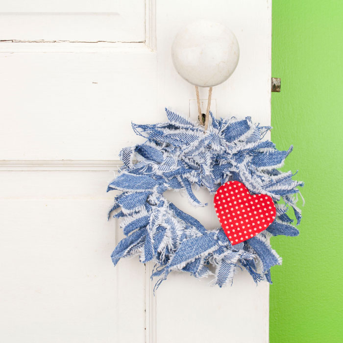 Blue Jean Mini Rag Wreath with Red Polka Dot Fabric Heart