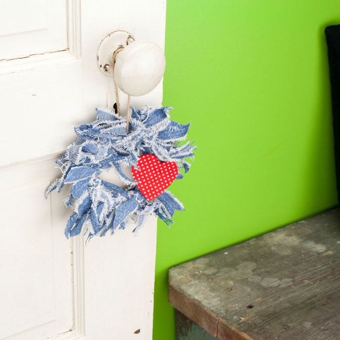 Blue Jean Mini Rag Wreath with Red Polka Dot Fabric Heart