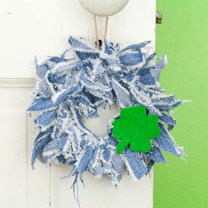 Blue Jean Mini Rag Wreath with Four Leaf Clover