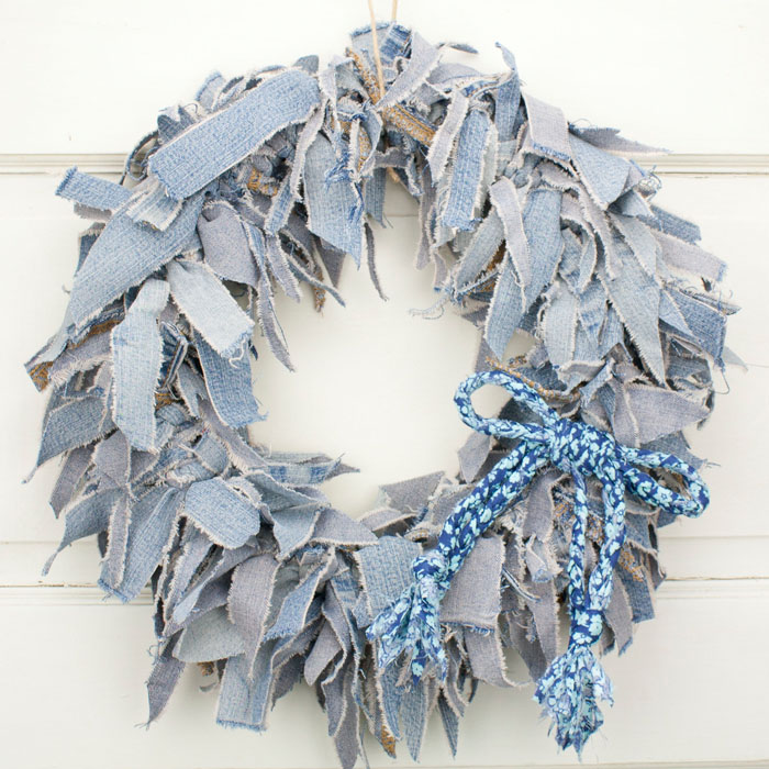 15" Blue Jean Rag Wreath with Blue Floral Braided Bow