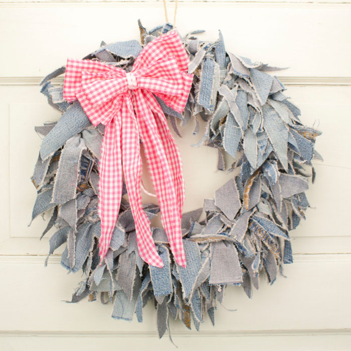 15" Blue Jean Rag Wreath with Pink Gingham Bow