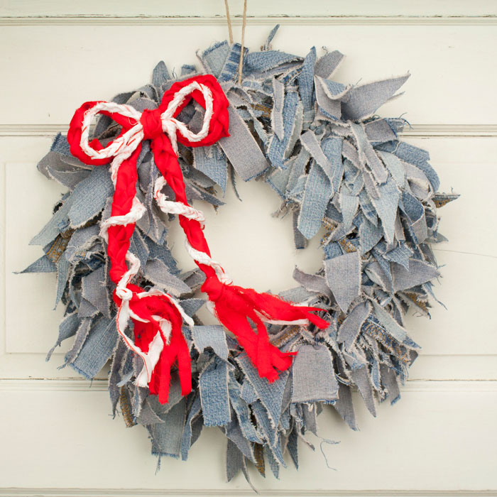 Blue Jean Rag Wreath with Red & White Braided Bow