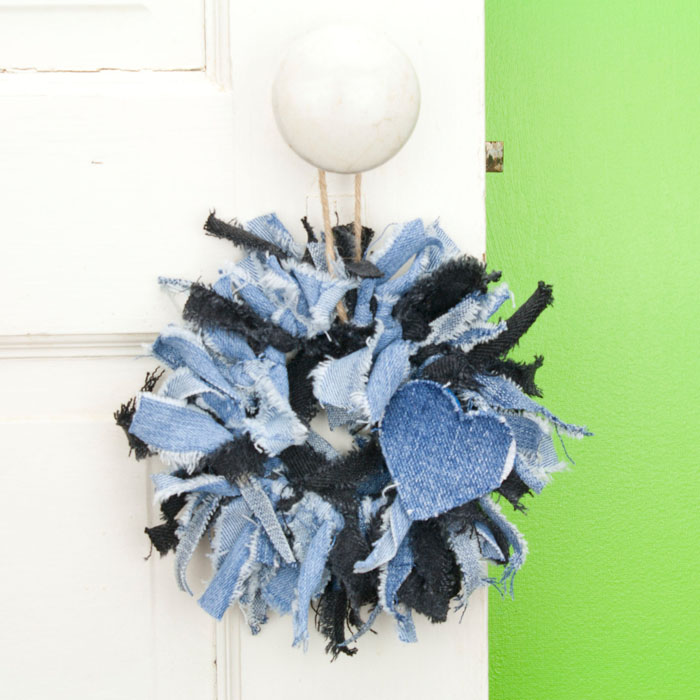 Denim Mix Mini Rag Wreath with Blue Jean Heart