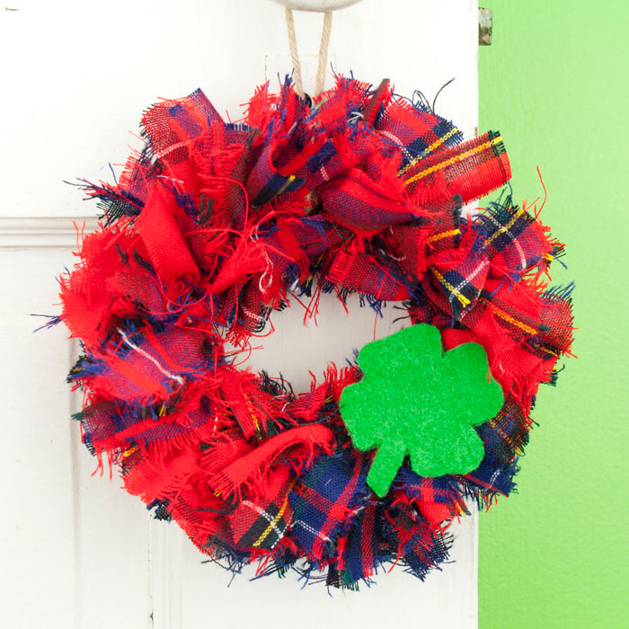 Red Tartan Mini Rag Wreath with Four Leaf Clover