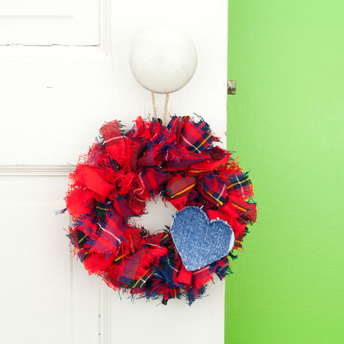 Red Tartan Mini Rag Wreath with Blue Jean Heart