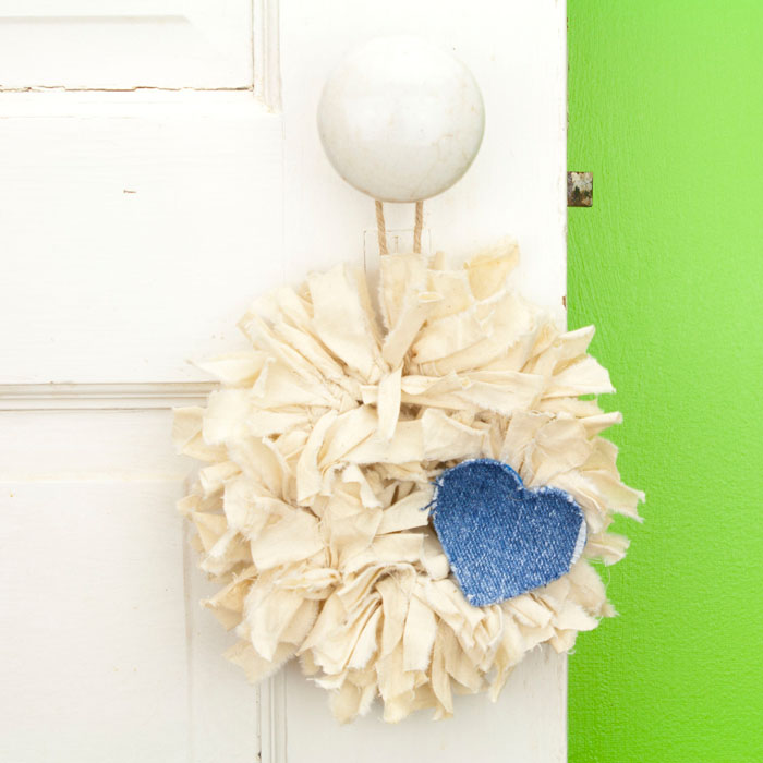 Tea Stained Mini Rag Wreath with Blue Jean Heart