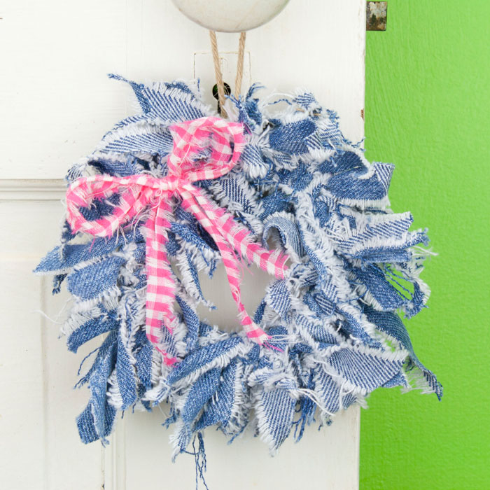 Blue Jean Mini Rag Wreath With Wispy Pink Gingham Bow