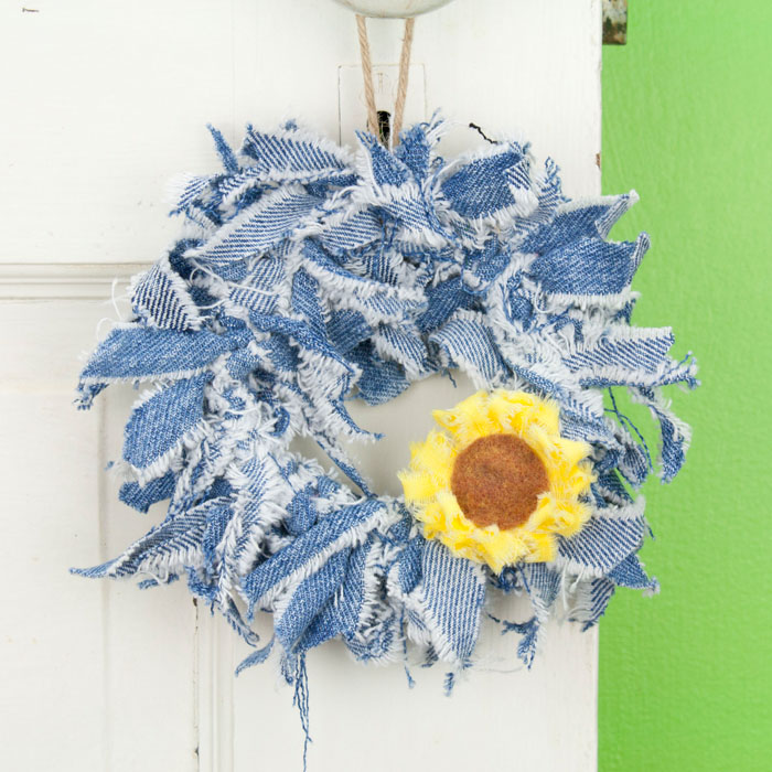 Blue Jean Mini Rag Wreath with Sunflower