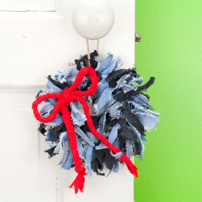 Denim Mix Mini Rag Wreath with Red Braided Bow