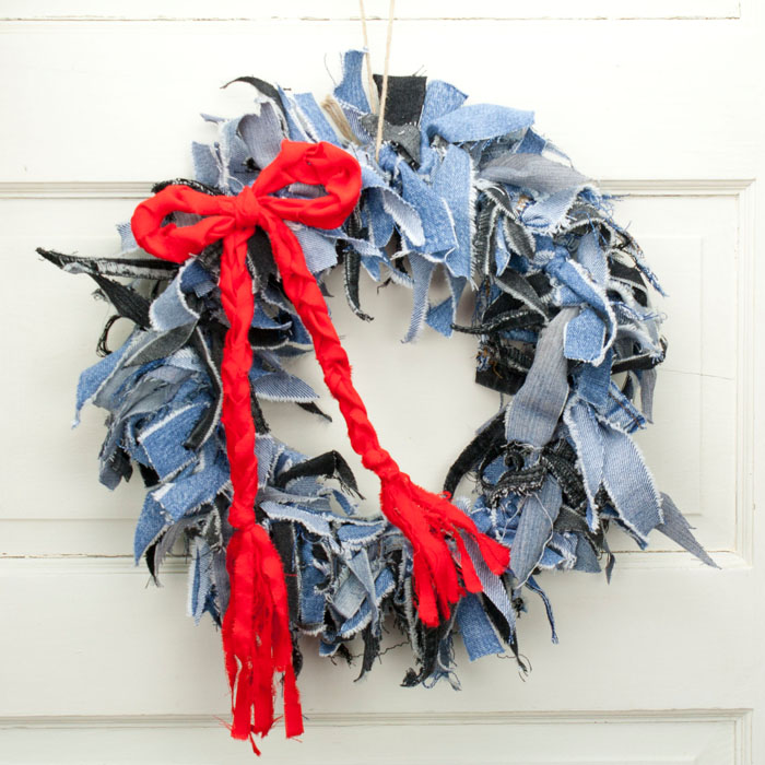 Denim Mix Rag Wreath with Red Braided Bow
