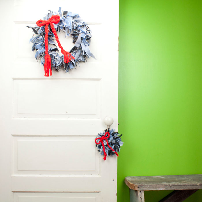 Denim Mix Rag Wreaths with Red Bow