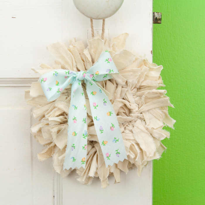 Tea Stained Mini Rag Wreath with Pale Blue Tulip Bow