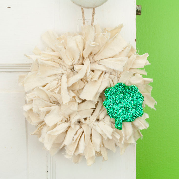 Tea Stained Mini Rag Wreath with Sparkly 4 Leaf Clover
