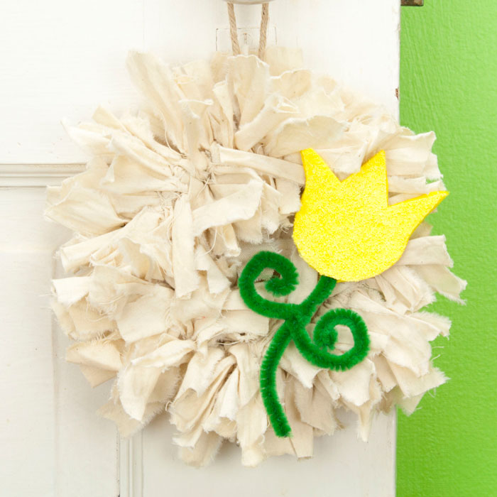 Tea Stained Mini Rag Wreath with Yellow Tulip