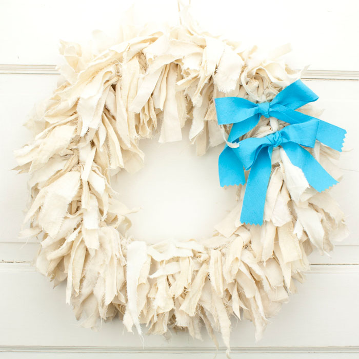 Vintage Style Rag Wreath with Blue Bows