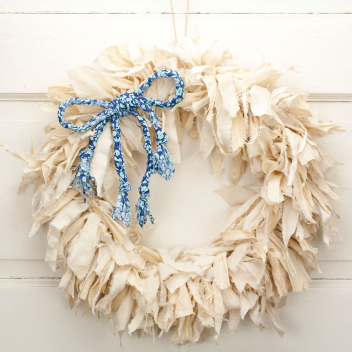 Tea Stained Rag Wreath with Blue Floral Double Braid Bow