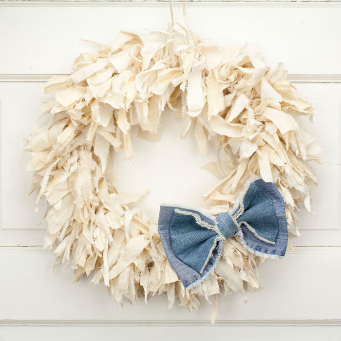 Tea Stained Rag Wreath with Blue Jean Double Bow Tie