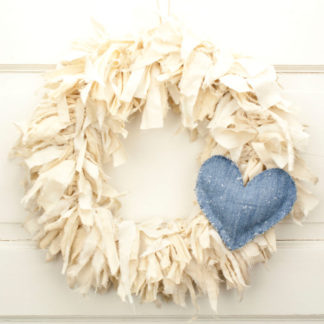 Tea Stained Rag Wreath with Blue Jean Heart