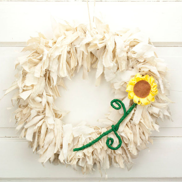 Tea Stained Rag Wreath with Sunflower