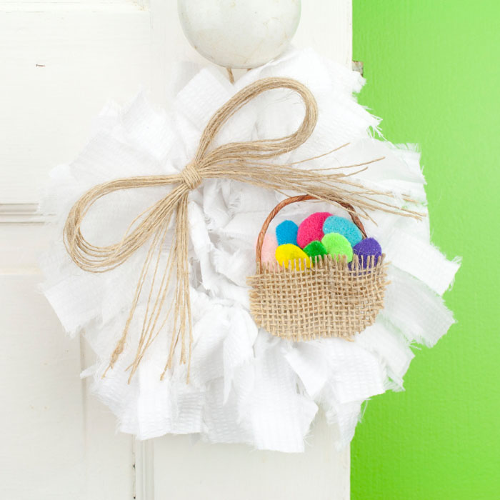 White Mini Rag Wreath with Large Easter Egg Basket