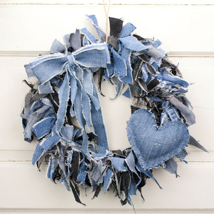 Denim Mix Rag Wreath with Blue Jean Heart & Bow