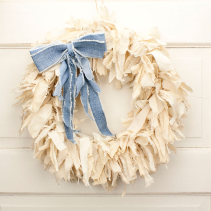 Tea Stained Rag Wreath with Tattered Blue Jean Bow