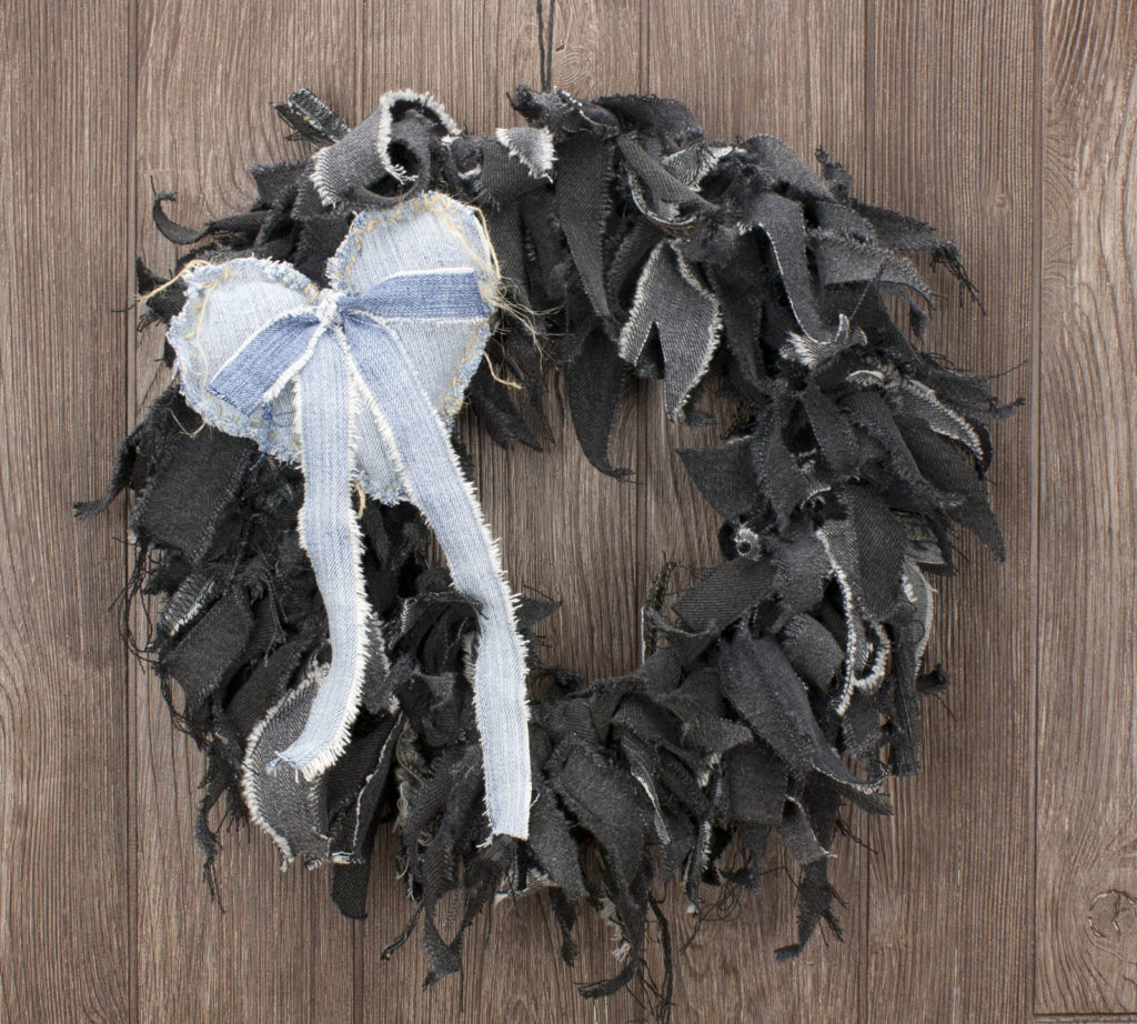 15" Black Jean Rag Wreath with Heart Bow