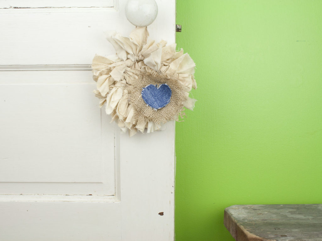 Mini Vintaged Rag Wreath with Blue Jean Heart