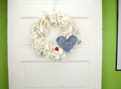 "Initial Wreath" 15" Vintage Rag Wreath with Personalized Heart & Arrow